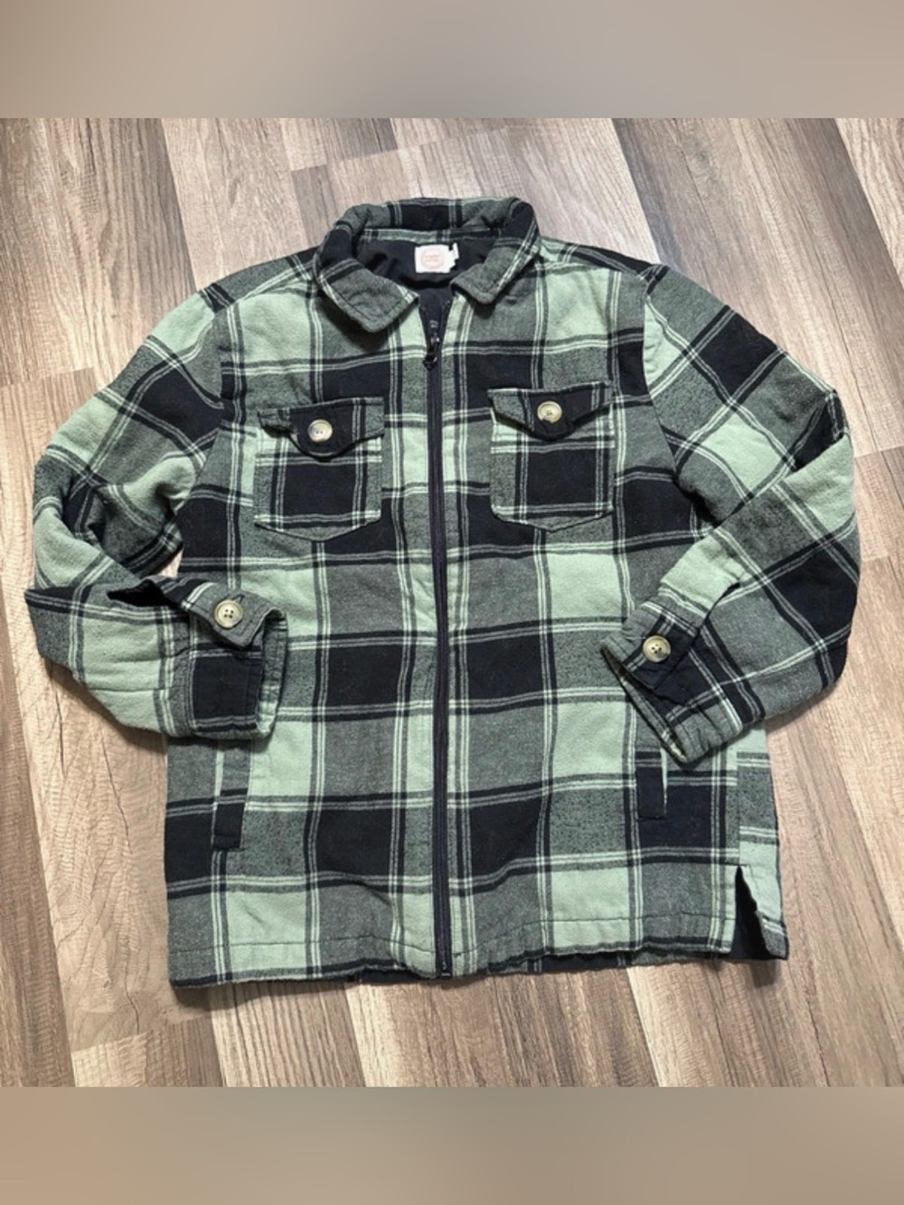 Wonder nation Kids Green and Black Plaid Zip-Front Jacket size large